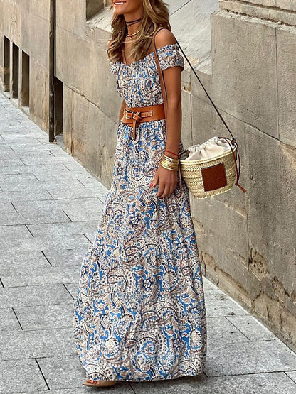 Off Shoulder Printed Holiday Maxi Dress