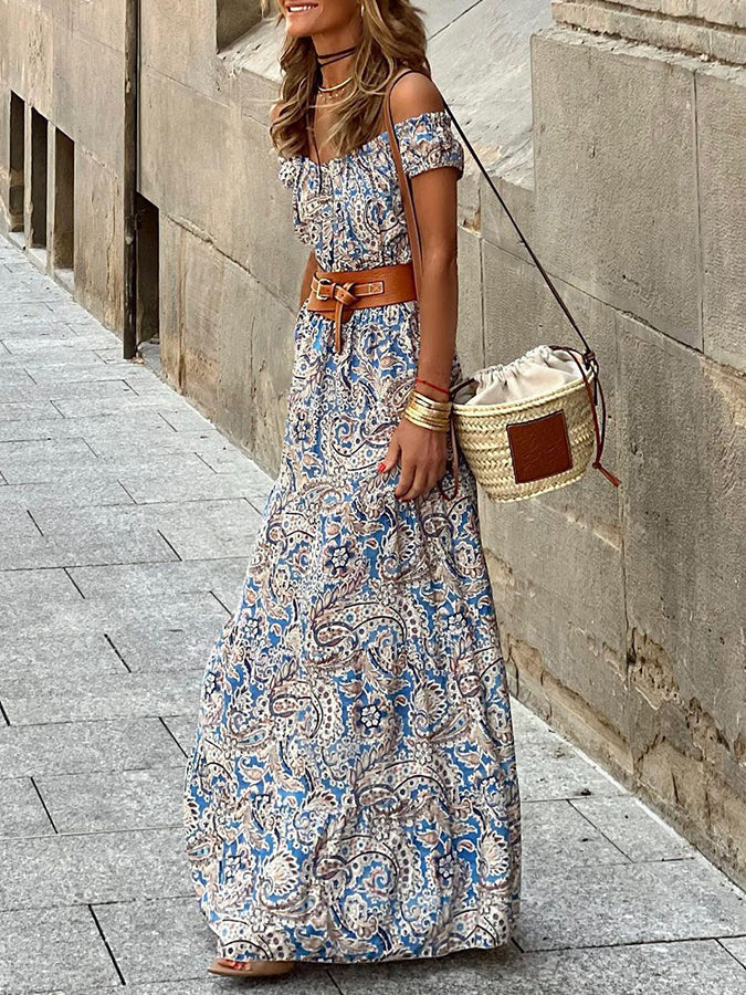 Off Shoulder Printed Holiday Maxi Dress