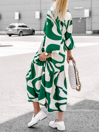 Geometric Printed Long Sleeves Buttoned Slit Shirt Maxi Dress