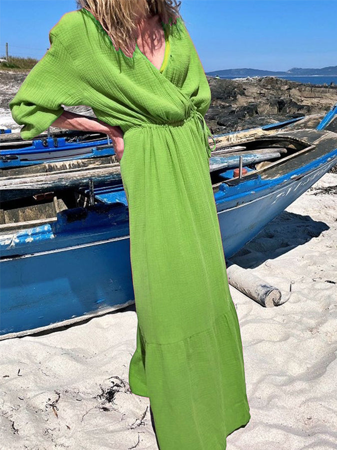 V Neck Long Sleeves Loose Maxi Dress