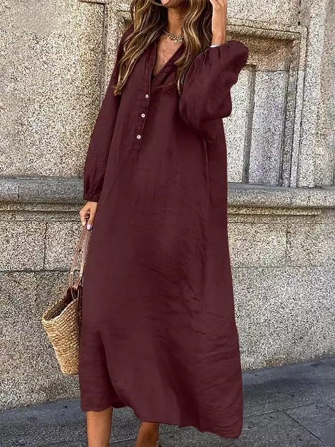 Long Sleeves Buttoned V Neck Maxi Dress
