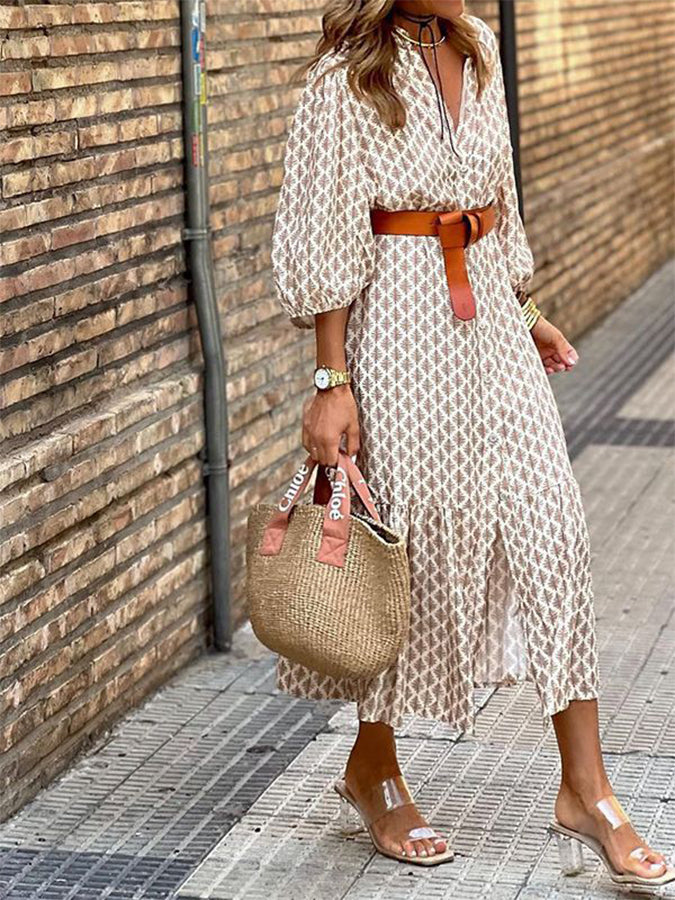 V Neck Long Sleeves Geometric Printed Maxi Dress