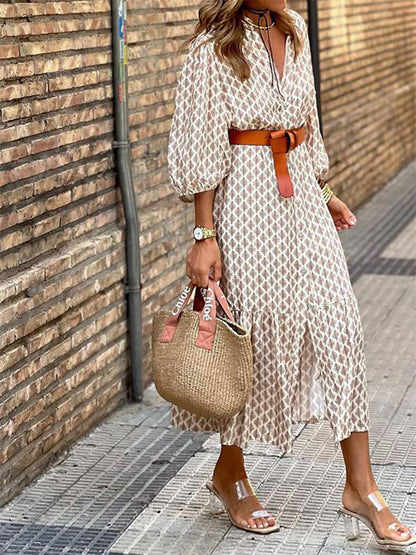 V Neck Long Sleeves Geometric Printed Maxi Dress
