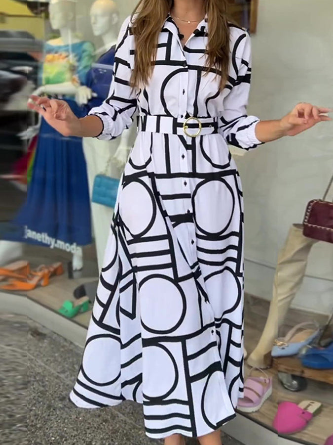 Long Sleeves Geometric Printed Maxi Dress