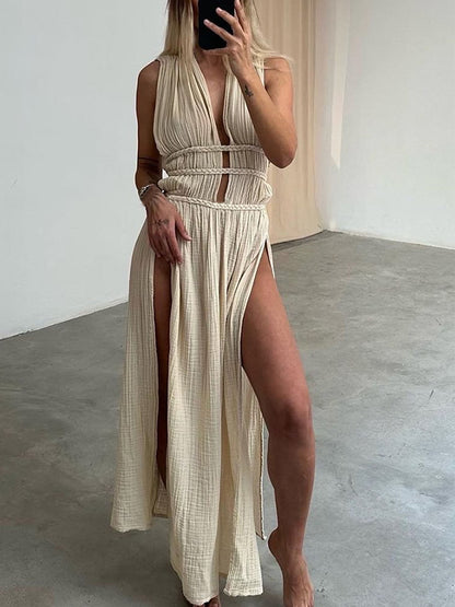 Linen-blend Slit V Neck Maxi Dress
