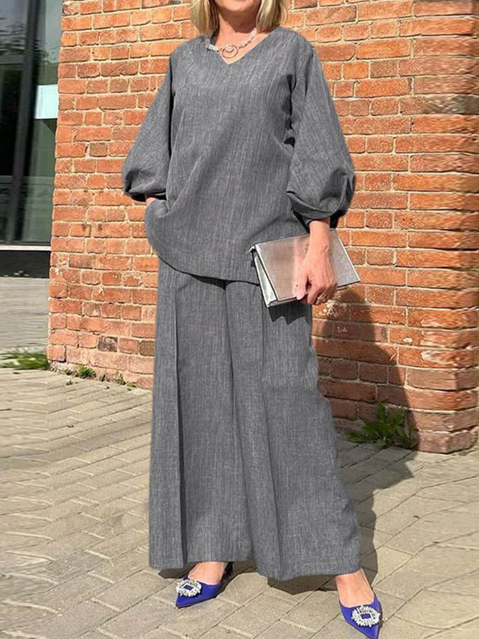 Puff Sleeves Top and Wide-leg Pants Sets