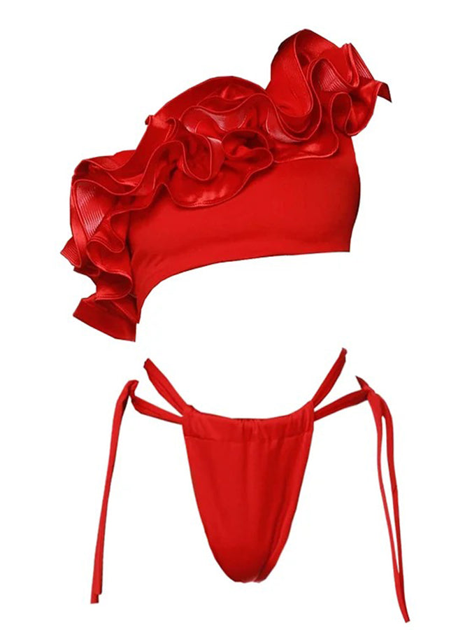 Red Flower Frilled One Shoulder Bikini Swimsuit and Skirt