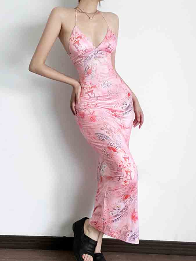 Backless Halter Printed Slim Maxi Dress