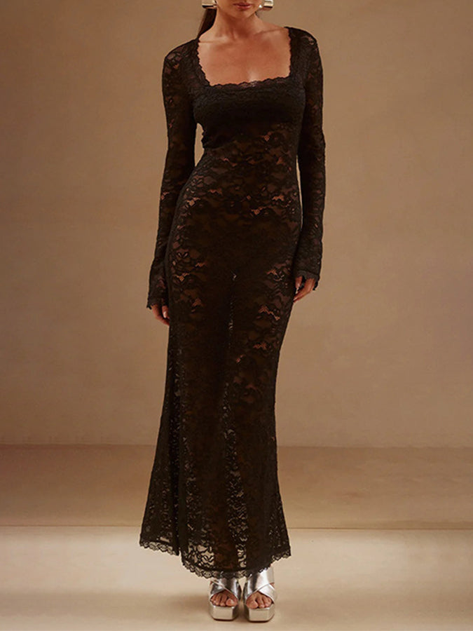 Lace Long Sleeves Square Neck Slim Maxi Dress