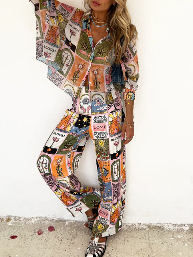 Printed Batwing Sleeves Shirt and Pants Sets