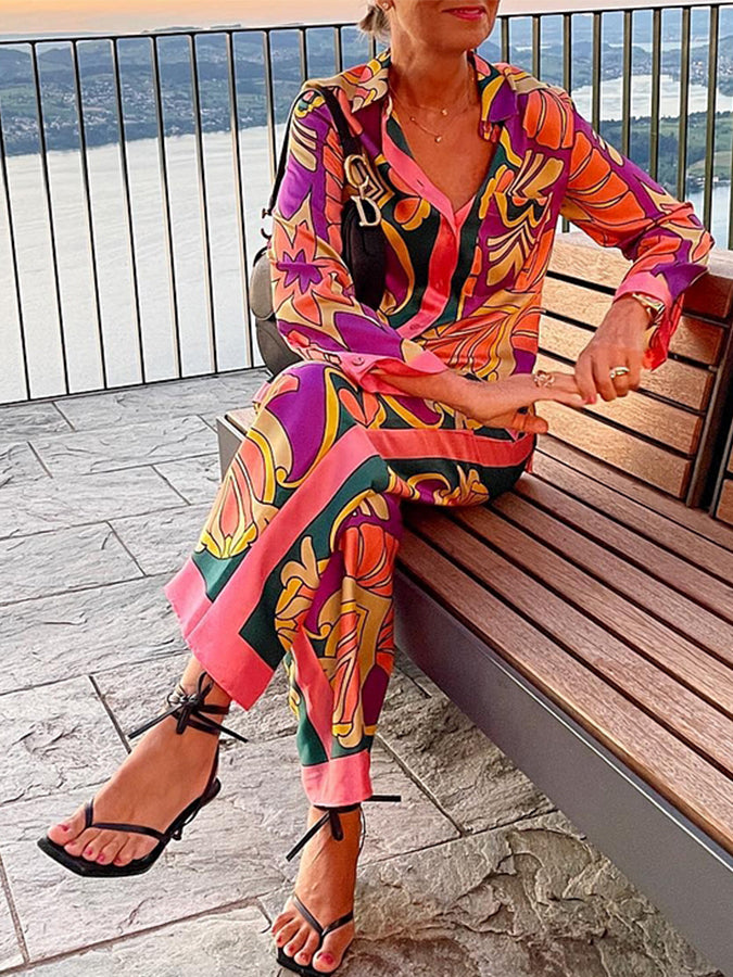 Printed Long Sleeves Blouses and Pants Sets