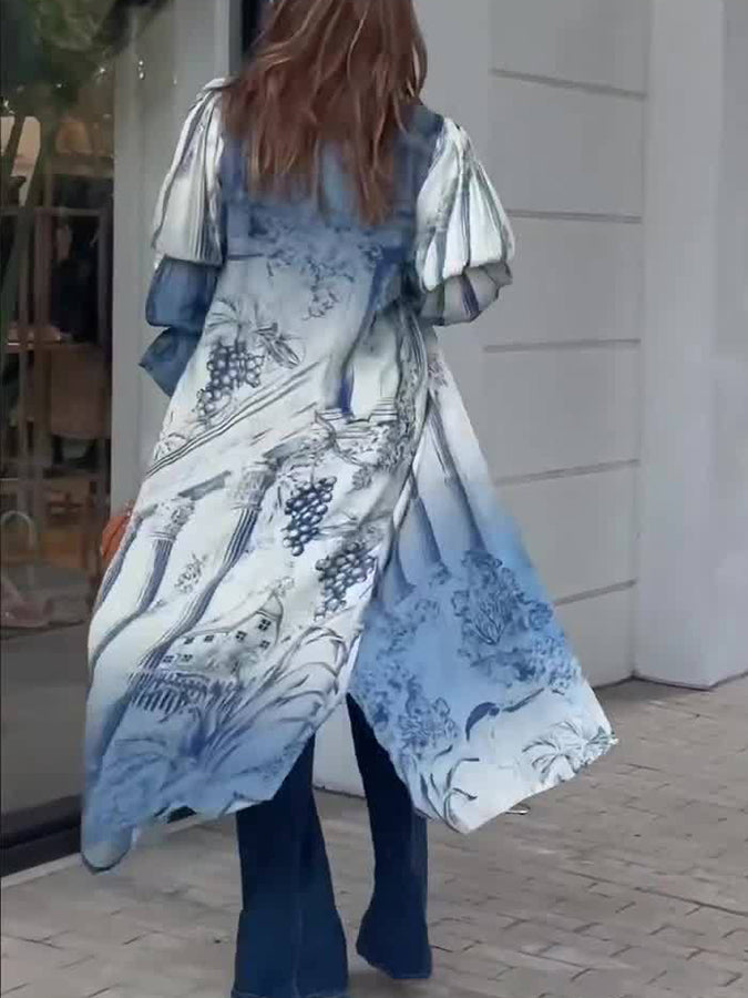 Puff Sleeves Printed Cardigan and Jeans Two Pieces Sets
