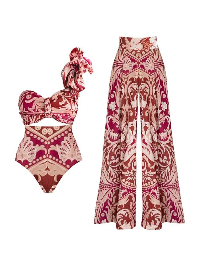 One Shoulder Ruffle Printed One Piece Swimsuit and Pant