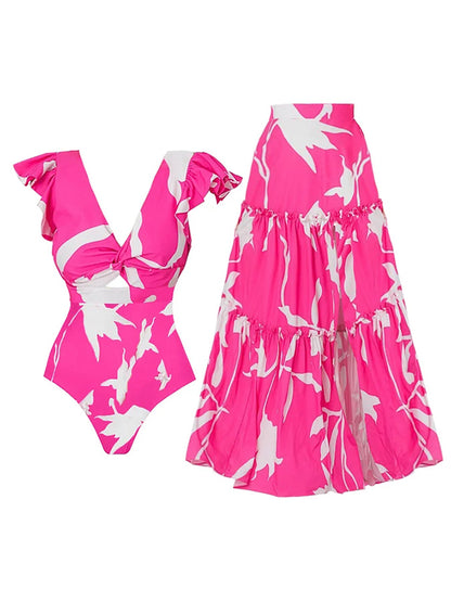 V Neck Ruffle Printed One Piece Swimsuit and Skirt