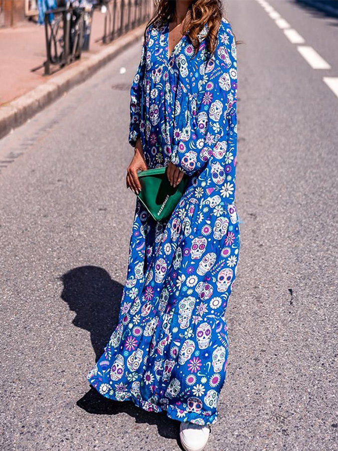 Blue Long Sleeves Printed V Neck Maxi Dress