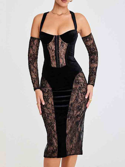 Lace Paneled See-through Slim Midi Dress