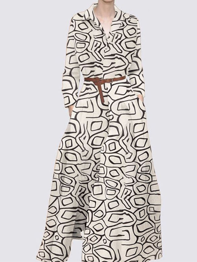 Geometric Printed Long Sleeves Shirt Maxi Dress