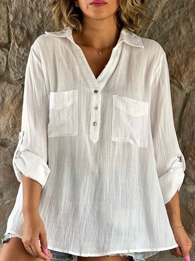 Long Sleeves Buttoned Cotton-linen Blouses