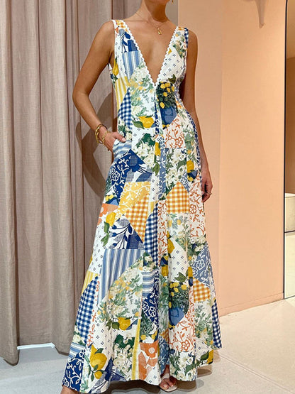 Printed V Neck Sleeveless Maxi Dress