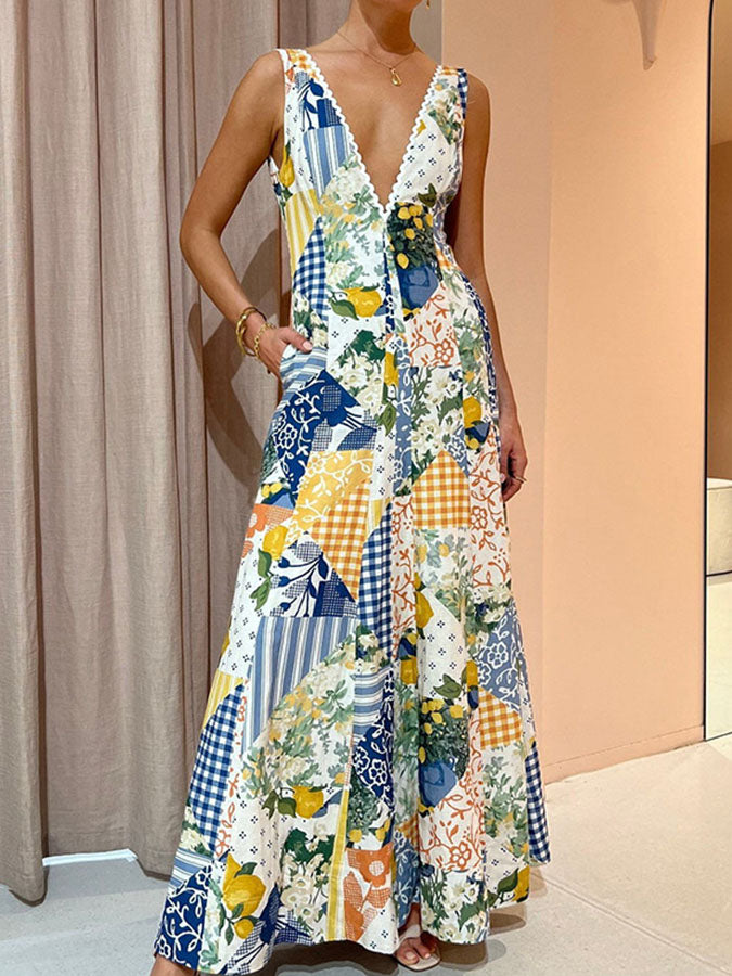 Printed V Neck Sleeveless Maxi Dress