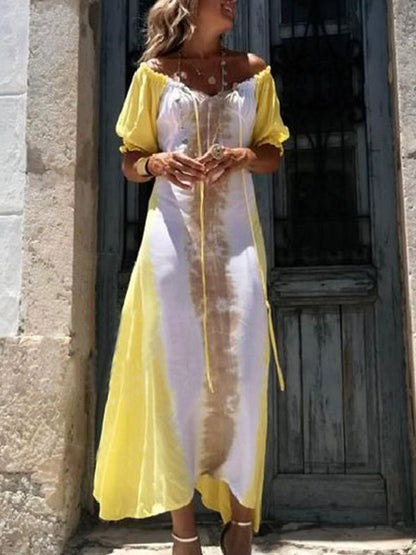 V Neck Short Sleeves Printed Asymetrical Holiday Maxi Dress