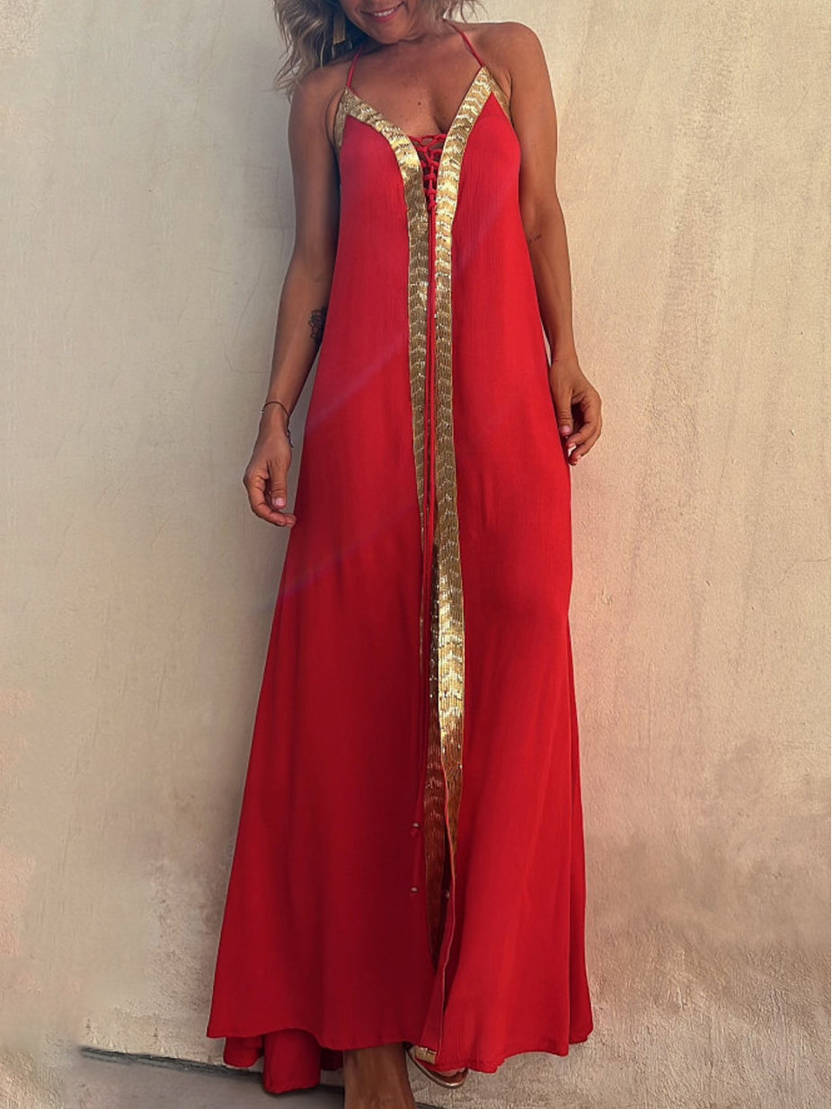 Paneled Sleeveless Lace-up Holiday Maxi Dress