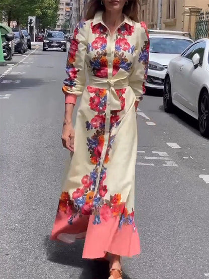 New Long Sleeves Shirt Collar Printed Lace -up Maxi Dress