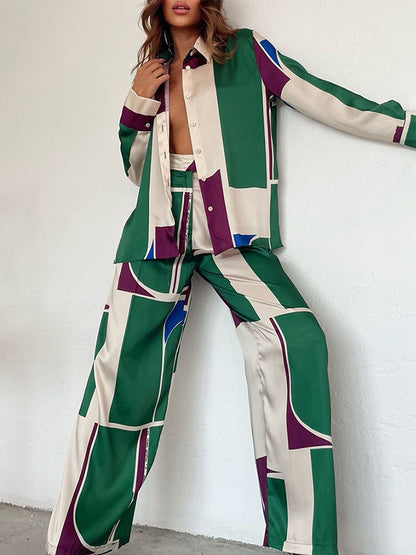 Long Sleeves Printed Shirt and Pants Two Pieces Sets