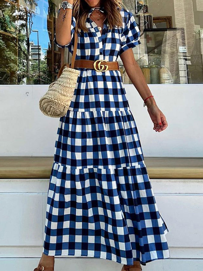 Plaid Short Sleeves Shirt Collar Maxi Dress Without Belt