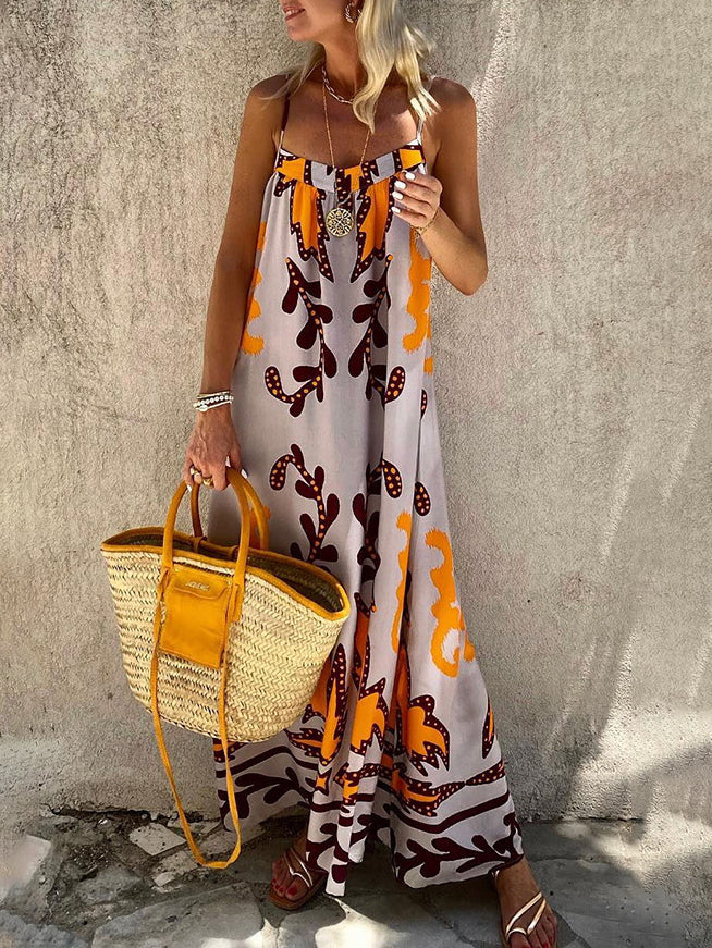 Strap Printed Square Neck Printed Holiday Maxi Dress