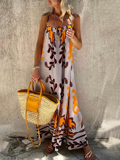 Strap Printed Square Neck Printed Holiday Maxi Dress