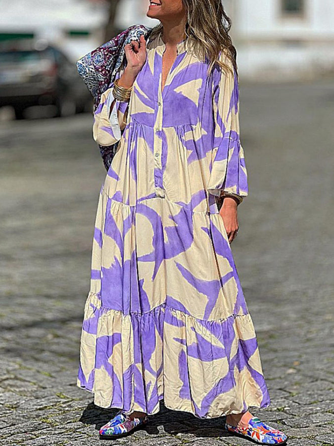 Bell Sleeves Printed V Neck Maxi Dress