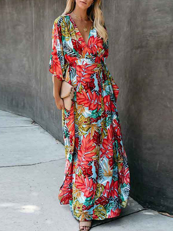 V Neck Printed Maxi Dress