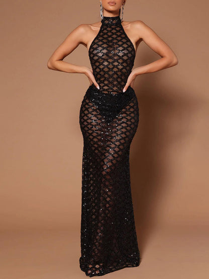 Halter Shinning Backless Mermaid Maxi Dress