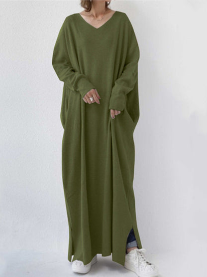 V Neck Long Sleeves Knit Maxi Dress