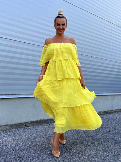 Yellow Off Shoulder Pleated Ruffle Maxi Dress