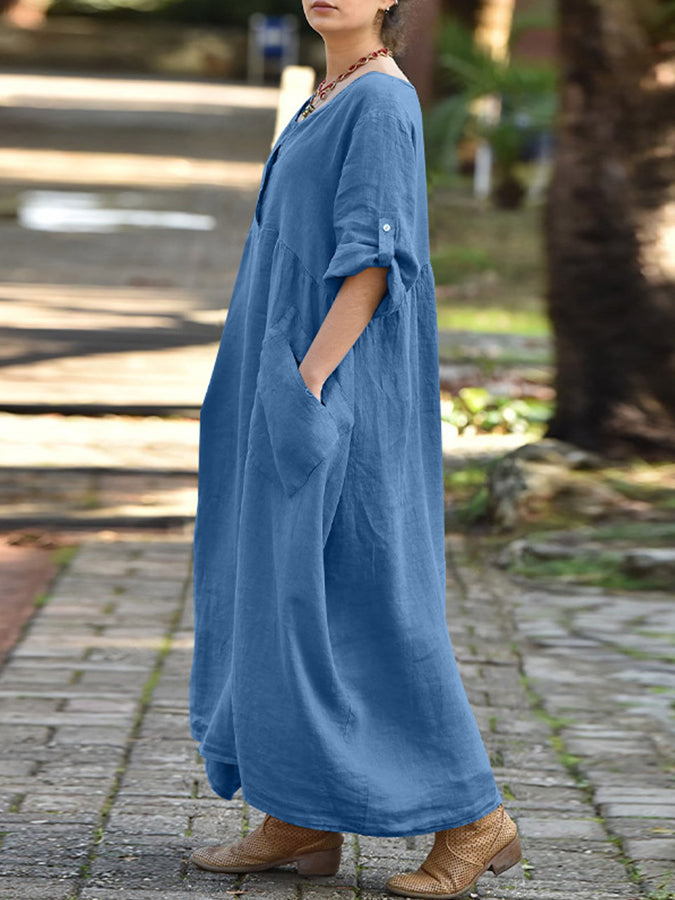 Round Neck 3/4 Sleeves Maxi Dress