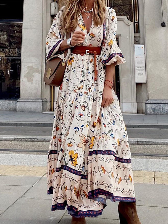 Printed V Neck Maxi Dress Without Belt