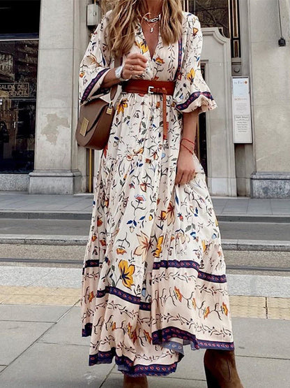 Printed V Neck Maxi Dress Without Belt
