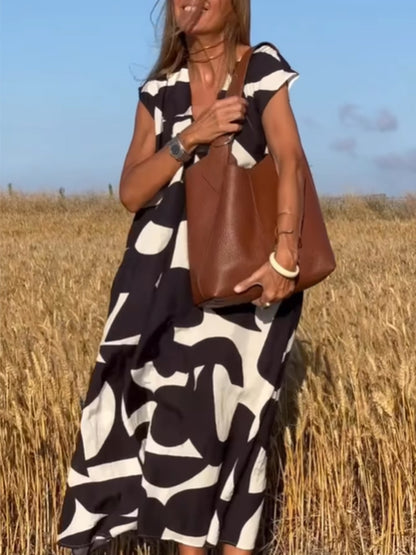 V Neck Short Sleeves Geometric Printed Maxi Dress