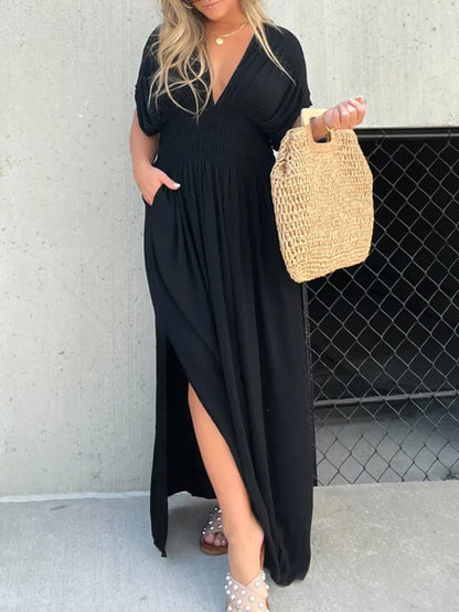 V Neck Batwing Sleeves Elastic Waist Maxi Dress