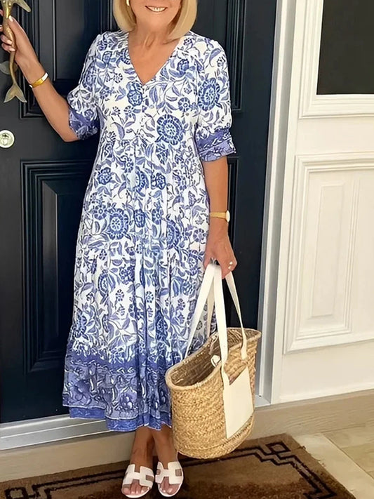 V-neck Print Loose Maxi Dress