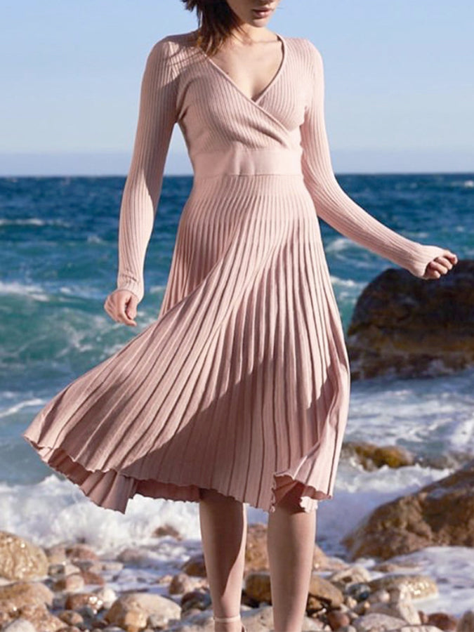 Knitted Long Sleeves V Neck Maxi Dress