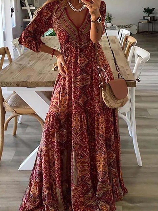 Geometric Printed V Neck Half Sleeves Maxi Dress