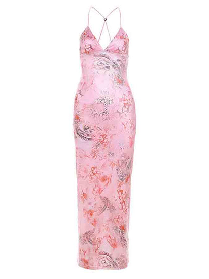 Backless Halter Printed Slim Maxi Dress