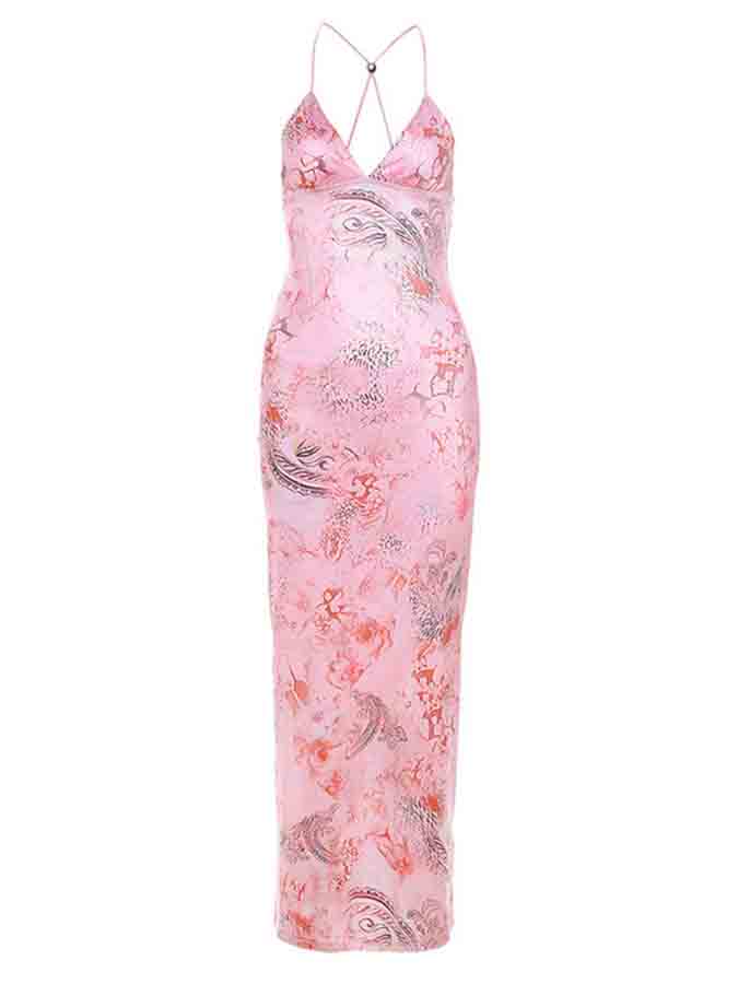 Backless Halter Printed Slim Maxi Dress