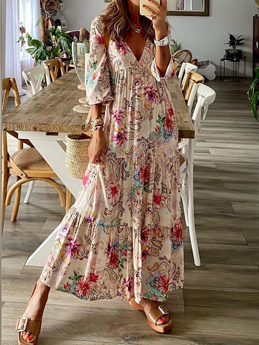 V Neck Long Sleeves Printed Maxi Dress