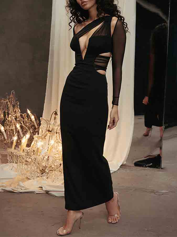 Long-sleeved Mesh Spliced v-neck Slim Long Dress