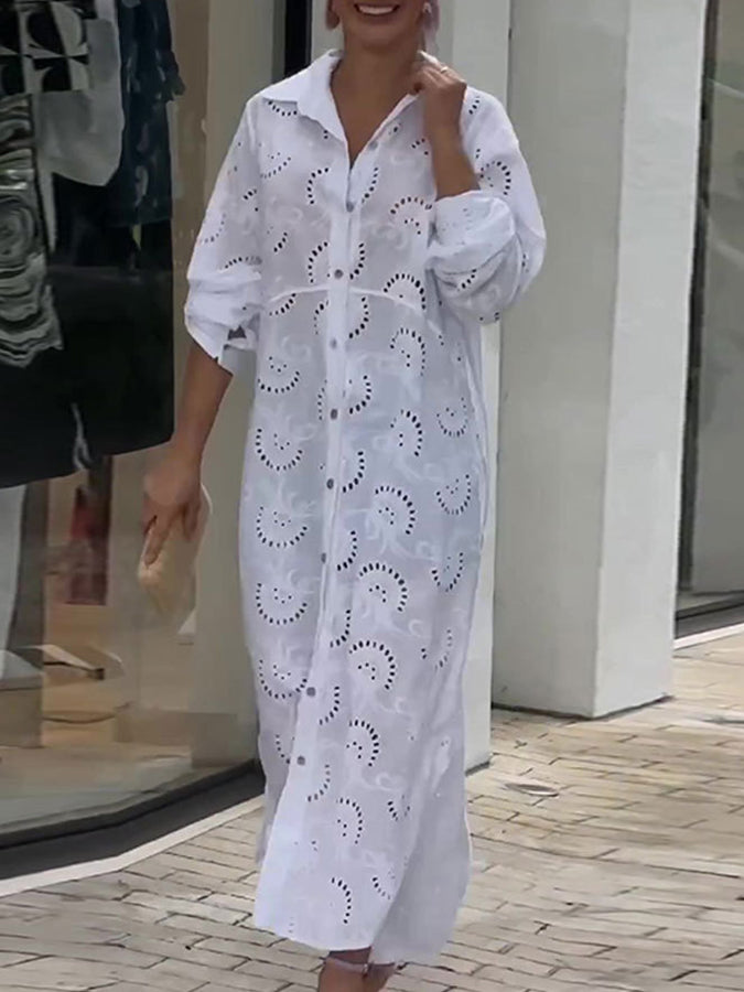 White Long Sleeves Hollow Out Shirt Maxi Dress
