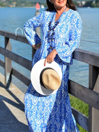 Long Sleeves V Neck Geometric Holiday Printed Maxi Dress